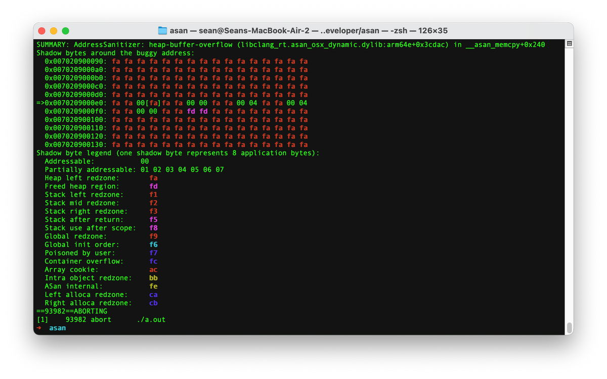 A terminal depicting a crash caused by an out of bouds write onto the heap. ASAN shows which bytes have been overwritten.